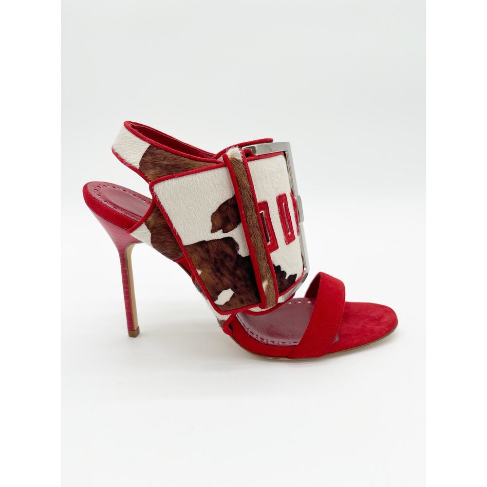 Manolo Blahnik Marta Mucco Red Cow Print Calf Hair Buckle Sandals Heels IT 37